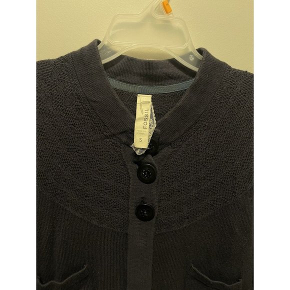Vintage Fossil Womens Sz S Cropped Cardigan Sweater Dark Blue Boho Pockets - Picture 2 of 3